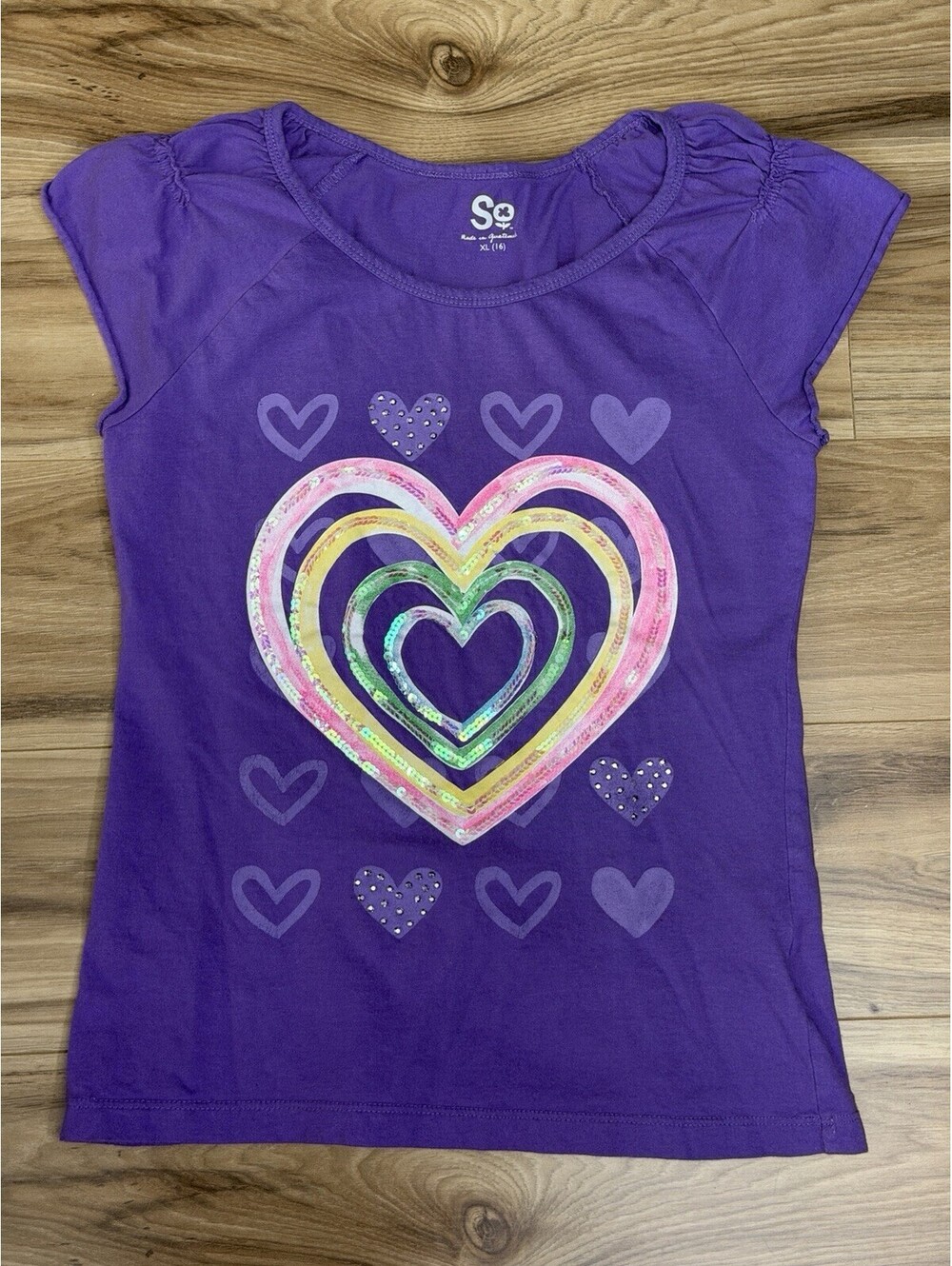 SO Girls Purple Sequin Heart Y2k Graphic Tee Rhinestone Sz XL 16